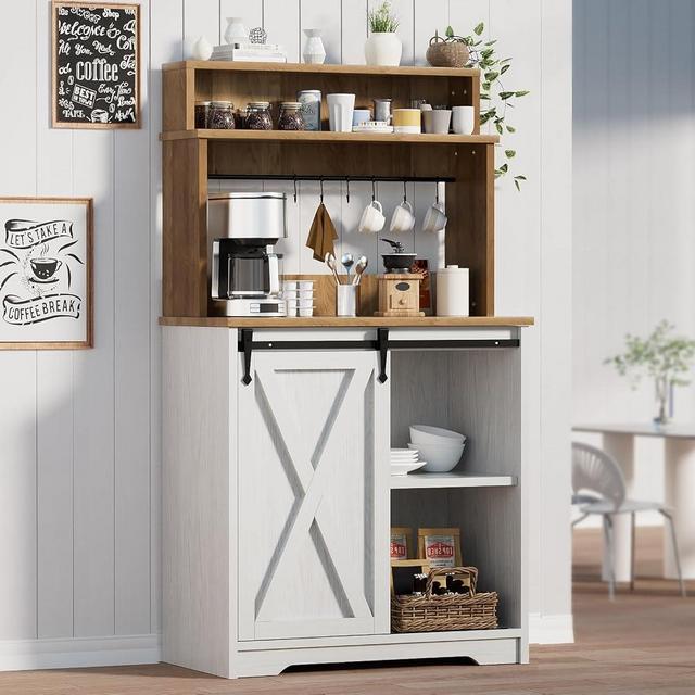 BestHaped Farmhouse Coffee Bar with 3 Tier Storage Hutch, 56 Inch Small Coffee Bar Station with 6 Hooks, White Corner Coffee Bar Table with Adjustable Shelves for Living Dining Room