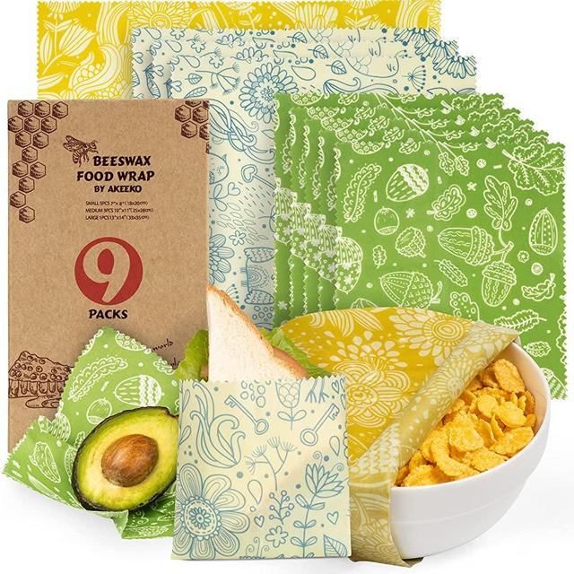 Reusable Food Wraps w/Beeswax Assorted 9 Packs - Eco-Friendly Reusable Wraps, Biodegradable, Zero Waste, Organic, Sustainable, Plastic-Free Food Storage, 5S, 3M, 1L w/ Plants Pattern