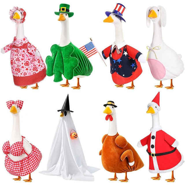Silicherry 8 Set Seasonal Holiday Goose Outfits Christmas Valentine's Day Summer All Seasons Lawn Porch Goose Clothes Costume for 23" Cement Statue Garden Patio Outdoor Decor (Funny Style,23inch)