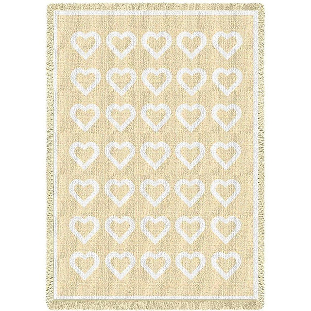 Basketweave Hearts - Natural Cotton Woven Blanket Throw - Made in The USA (70x50)
