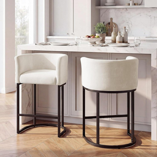 GRUSIGN Chenille Counter Height Bar Stools Set of 2, 26" Kitchen Island Stools with Arms & Footrest, Upholstered Barrel Back Bar Chairs for Kitchen， Dining Room, Bar & Lounge Area, 450 lbs, Off-White