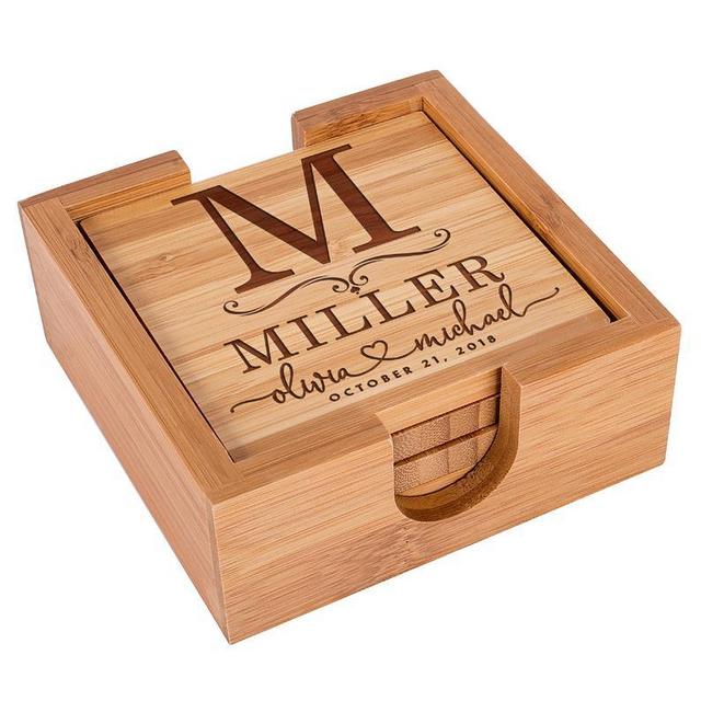 Personalized Coasters, Square 4 Coaster Set with Holder, Bamboo Coaster Set, Housewarming Gift, Monogram Coasters, Custom Coasters, Wedding