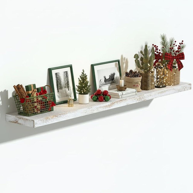 Vivelove Elm Wood Floating Shelves, Wooden Shelves for Wall with Invisible Bracket for Living Room Bedroom Bathroom Office Book, Rustic Farmhouse Display Shelf, 48 Inch Set of 1- Weathered White