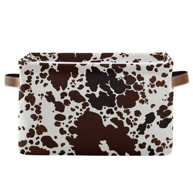 xigua Cow Print Storage Basket Collapsible Storage Bins Waterproof Canvas Storage Basket with Leather Handles for Home Closets Offices,Bedrooms,Gift Baskets,1PCS