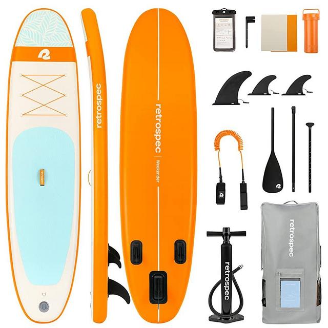 Retrospec Weekender 10' Inflatable Stand Up Paddleboard ISUP Bundle with Carrying Case, 3 Piece Adjustable Aluminum Paddle, 3 Removable Fins, Pump, and Cell Phone Case