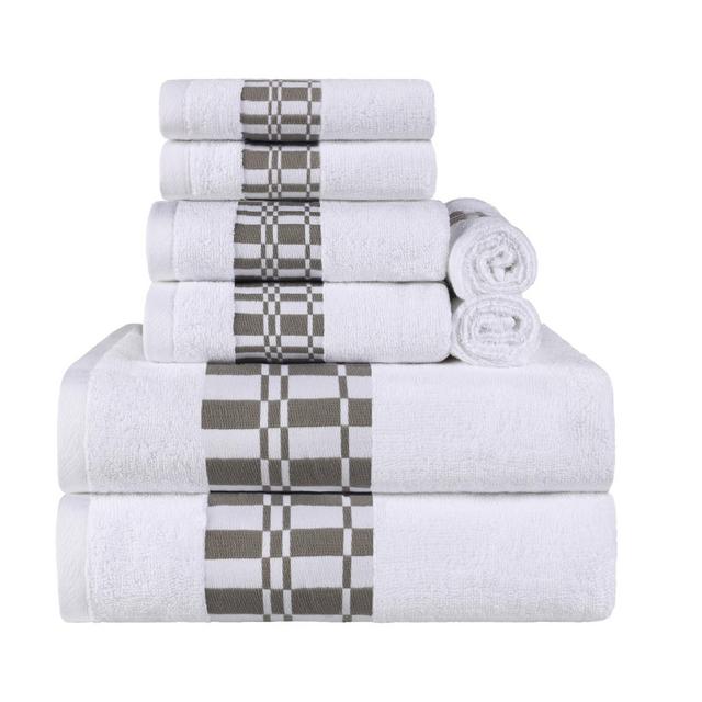 100% Cotton Medium Weight Geometric Border 8 Piece Assorted Bathroom Towel Set, White - Blue Nile Mills