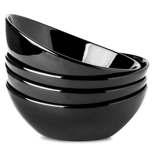 Hasense 40oz Salad Bowls, Large Serving Bowls, Porcelain Soup Bowls for Kitchen, Porcelain Ceral Bowls for Entertaining Parties, Dishwasher Microwave Safe, Set of 4, Black