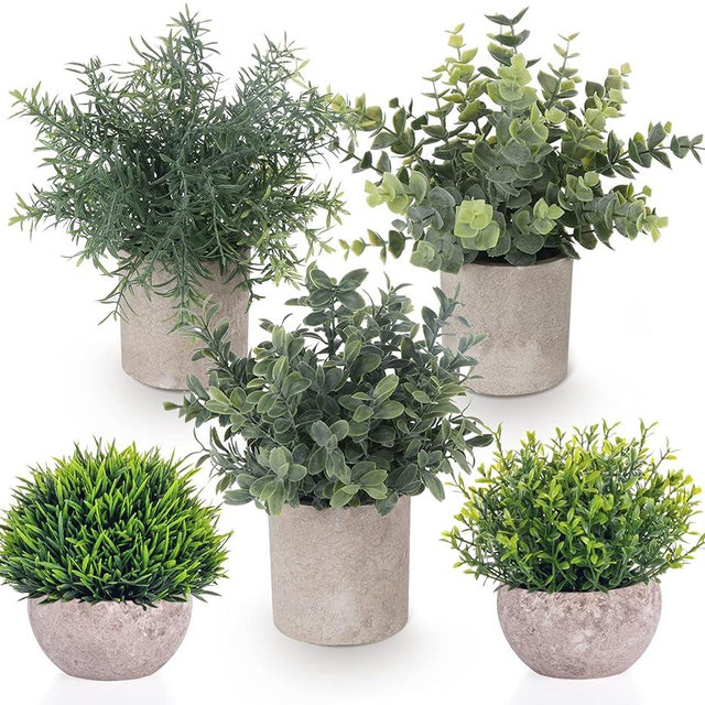 Lemonfilter Set of 5 Mini Potted Artificial Plants Fake Small Eucalyptus Greenery Plastic Faux Green Grass Potted Plants Decorative Fake Plant for House Office Balcony Desk Bathroom Decoration
