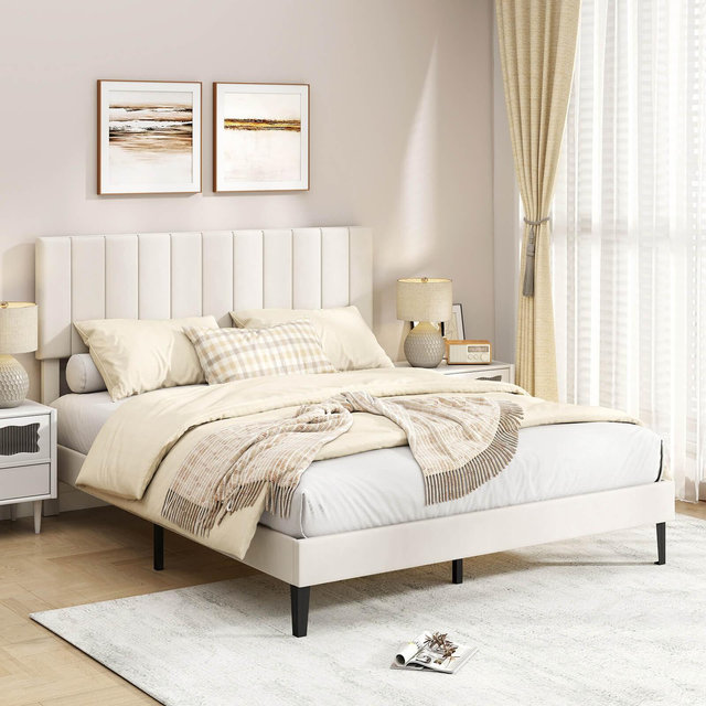 Costway Queen Size Velvet Bed Frame with Height Adjustable Vertical Channel Headboard,Beige
