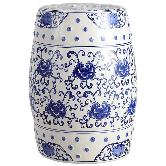 Jonathan Y Lotus Flower 17.8" Chinoiserie Ceramic Drum Garden Stool, Blue/White