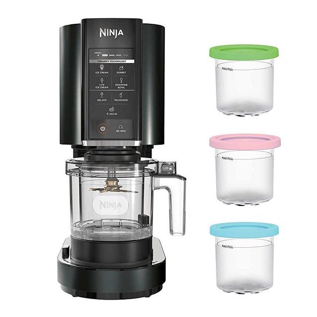 Ninja CN301CO CREAMi Ice Cream Maker, for Gelato, Mix-ins, Milkshakes, Sorbet, Smoothie Bowls & More, 7 One-Touch Programs, with (3) Pint Containers & Lids, Compact Size, Perfect for Kids, Black (Renewed)