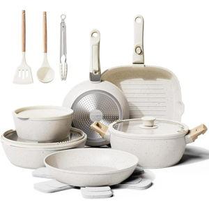 19-Piece Pots & Pans Set Non-Stick Ceramic Cookware Set with Removable Handles in Cream White Aluminum