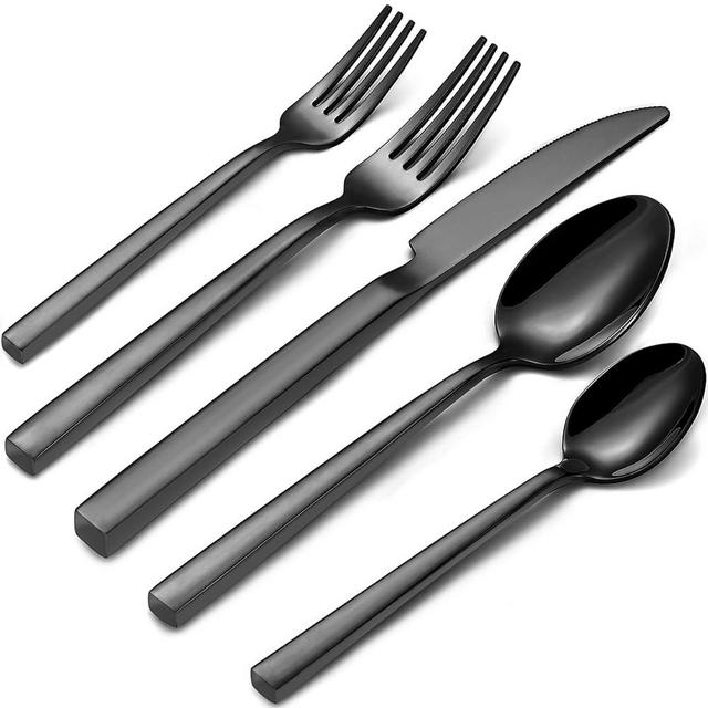 Black Silverware Set for 8, Heavy-Duty 18/0 Stainless Steel Black Flatware Set, Cube Handle Cutlery Set, Mirror Polished, Dishwasher Safe, 40-Piece