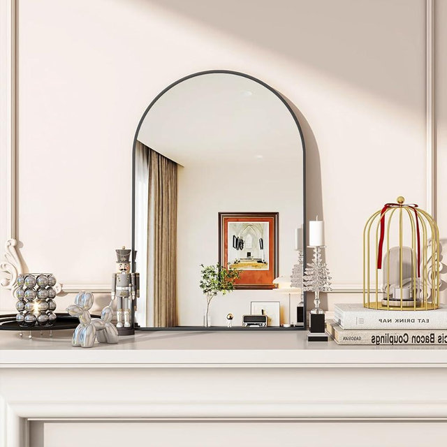 VooBang Arched Wall Mirror, 20 x 30 inch Arch Bathroom Mirror, Wall Mounted Vanity Mirror with Arch Metal Frame, Modern Bathroom Vanity Mirror for Bedroom, Living Room, Hanging or Leaning, Black