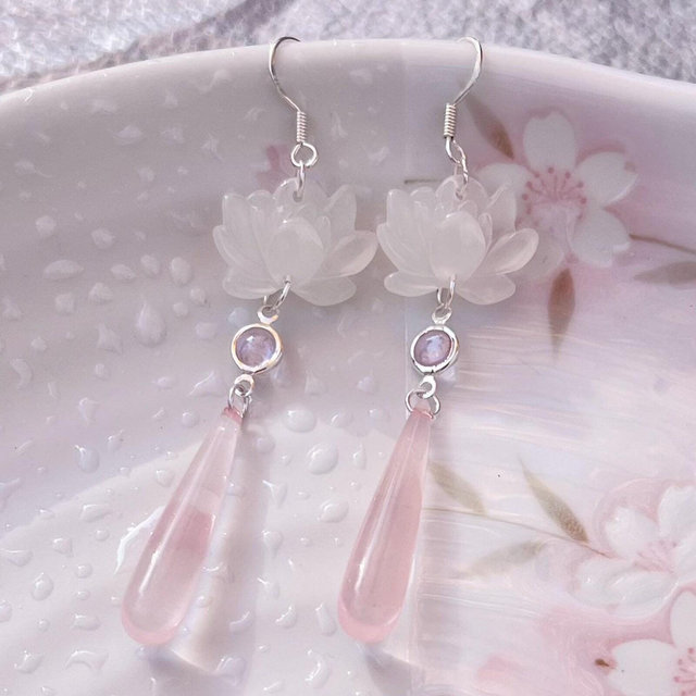 Imitation White Jade Lotus Flower with Pink Crystal Drops Oriental Dangling Earrings, Handmade Earrings, Aesthetic Earrings, Gift For Her