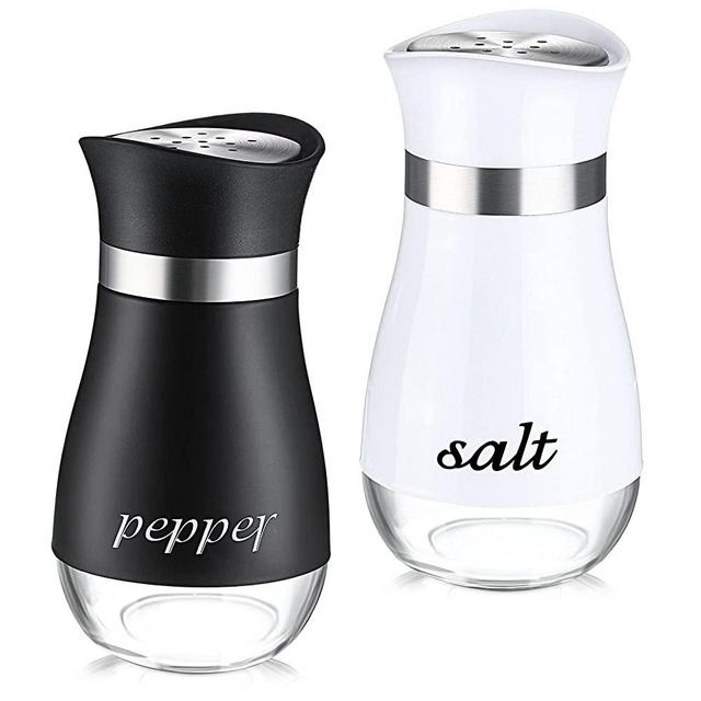 2 Pieces Salt and Pepper Shakers Spice Dispenser with Adjustable Pour Holes Stainless Steel Glass Set Refillable Pepper Shaker Seasoning Cans for Home, Restaurant, Canteen (Black, White)