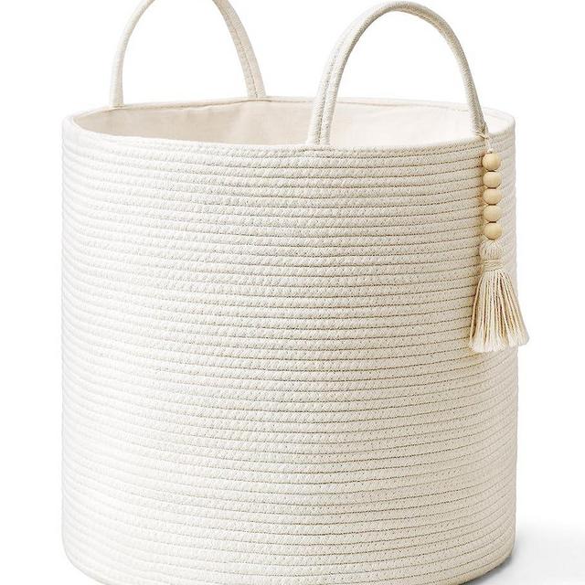 Mkono Woven Storage Basket Decorative Rope Basket Wooden Bead Decoration for Blankets,Toys,Clothes,Shoes,Plant Organizer Bin with Handles Living Room Home Decor, 15" W x 17.7"L, White and Yellow
