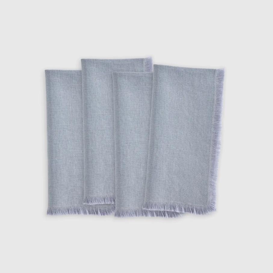 European Linen Fringe Napkins, Set of 4, Blue Fog