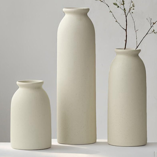 10.4 inches Tall Decorative Ceramic Vase Set, 3 Pieces, Nordic Modern Boho Style, White, for Home Decor (Beige)