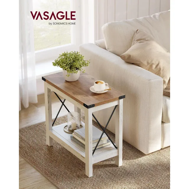 VASAGLE 2-Tier End Table, Side Table with Bottom Shelf, Nightstand for Small Spaces, for Living Room, Farmhouse Style, Rustic White and Honey Brown