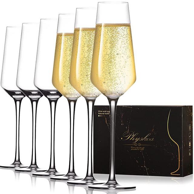 Physkoa Champagne Flutes Glass Set of 6 - Hand Blown Crystal Champagne Flutes - Wedding Champagne Glasses Set - Gift for Toasting,Birthday,Anniversary,Party - Sparkling Wine Glasses - 8.5 oz