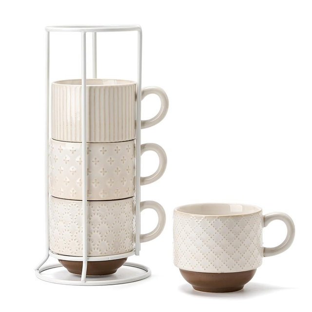 JH JIEMEI HOME Large Ceramic Coffee Mug Set of 4 with Stand, 15 Oz Stackable Different Embossment Ribbed Latte Cup Set for Cappuccino, Tea, Hot Cocoa, Drinks - Dishwasher & Microwave Safe, Off White