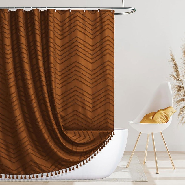 Siiluminisoy Boho Extra Long Pumpkin Orange Shower Curtain with Tassel, Woven Fabric Shower Curtain, Tufted Chevron Striped, 72 x 78, Modern Chic Textured Minimalist Bathroom Shower Curtain