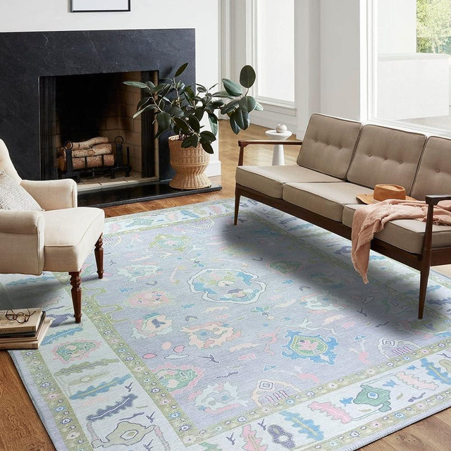 Modern Oushak Rug, Vintage Turkish Colorful Oriental Antique Inspired Area Rugs, Luxury Living Room Bedroom (Pink/Blue/Lavender, 2'5 x 5')