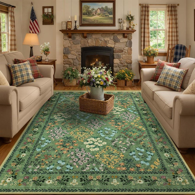 FLYRUGGO 6x9 Area Rugs for Living Room, Washable Plaid Green Flower Pattern Rug for Bedroom, Ultra Soft Large Non-Slip Floral Carpet for Dining Room Kids Playroom Home Office Decor
