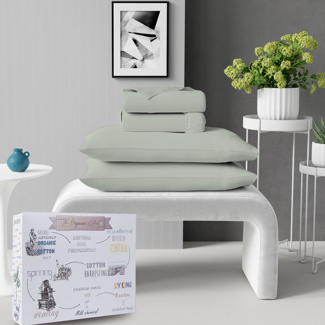 Purity Home 100% Organic Cotton Percale 4-Piece Sheet Set - Queen Light Green