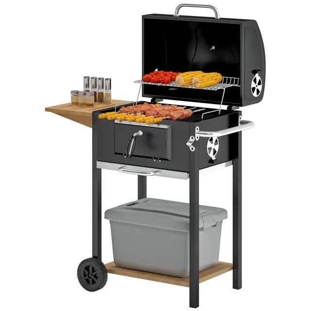 Outsunny Charcoal BBQ Grill, Portable Barbecue Grill for Camping or Backyard Picnic with Side Table, Bottom Storage Shelf, Wheels and Handle, Black