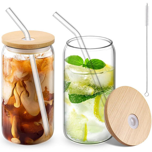 CWHHRN Glass Cups with Lid and Straw, 16oz Beer Glasses Glass Coffee Cups, Iced Coffee Cups with Lid, Glass Tumbler with Straw and Lid (2 PACK)