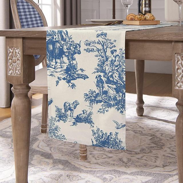 Toile Blue Floral Runner for Coffee Dining Table,French Country Grand Millennial Chinoiserie Decor Print Design Short Tablecloth,Blue and Cream White