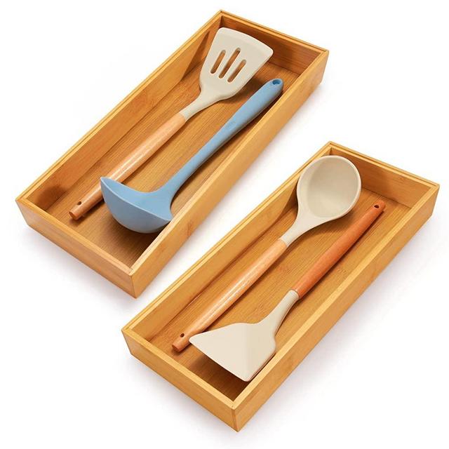 Lixple Bamboo Drawer Organizer Silverware Tray - for Drawer, Stackable Wooden Drawer Organizer for Kitchen Utensils, Multi-use Storage Box Bathroom Trays, Set of 2, 15x6x2 inch