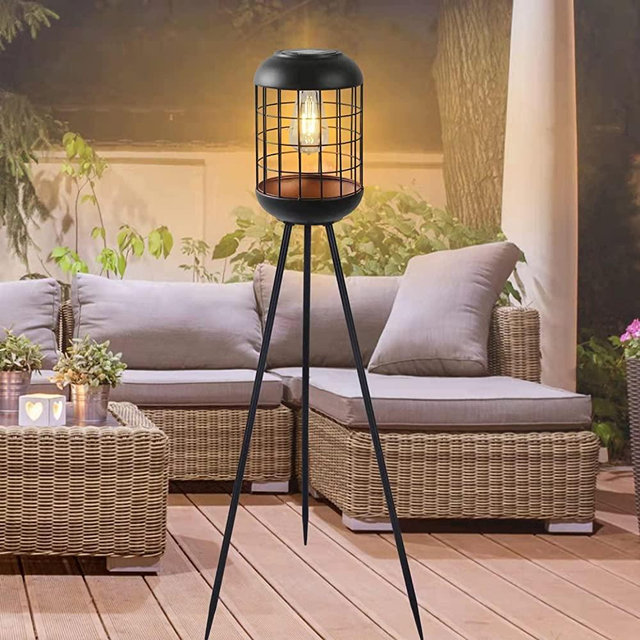 Solar Floor Lamp Outdoor Large Lanterns for Patio, Waterproof Big Solar Lamp Outdoor Metal Tripod Deck Lights for Lawn Yard or Porch Decor(Black)