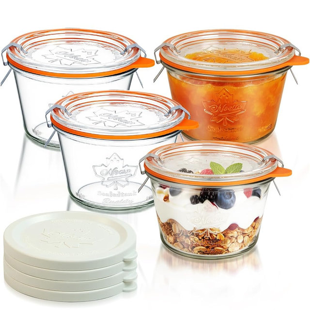 Freshmage Canning Jars 12 oz 4 Pack, Sourdough Starter Jars with 2 Lids Per Jar (Glass Sealing Lid & Plastic Lid), 350ML Wide Mouth Airtight Glass Storage Containers for Meal Prep, Jam, Yogurt, Spices