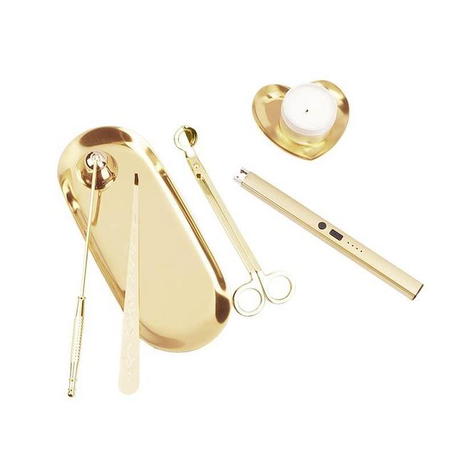 6 in 1 Candle Care Kit, Candle Lighter Rechargeable, Candle Wick Trimmer Cutter, Candle Snuffer Extinguisher, Candle Wick Dipper, Candle Accessory Set with Storage Tray Plate for Candle Lover (Gold)