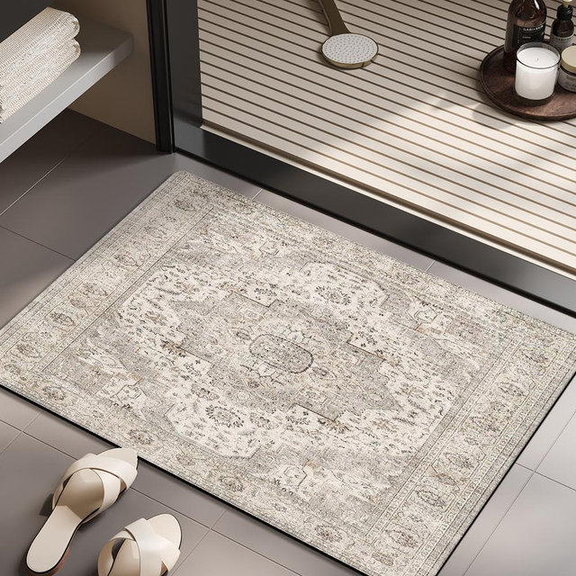 LuluRug Vintage Pattern Bath Rug, Non - Slip Water Absorbing Thin Rug - Fit Under Door, for Next to Sink, Vanity, Bathroom Door, Powder Room - Traditional Style 16″x24″