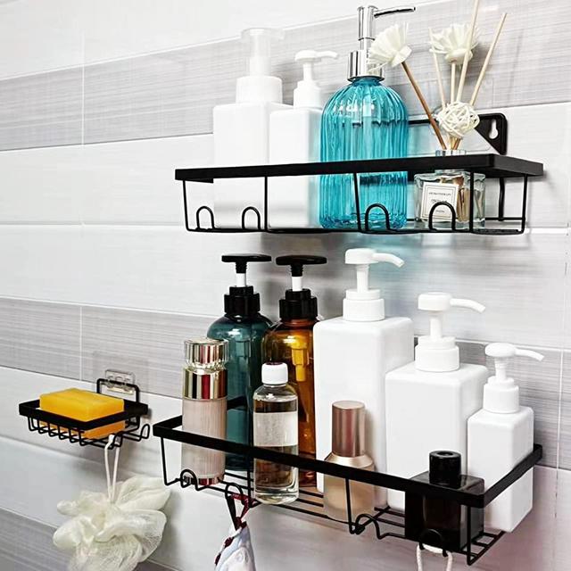 RISETEX 3-Pack Adhesive Shower Caddy,Rustproof Bathroom Shelf Organizer and Soap Dishes with Hooks,No Drilling Traceless Bathroom Storage Wall Shower Organizer for Bathroom Toilet Kitchen RVs