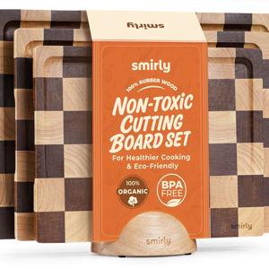 SMIRLY Wood Cutting Boards for Kitchen Wooden Chopping Board Set Reversible with Deep Juice Grooves Grip Handles, Large Charcuterie Tray for Home Kitchen, Rubber Wood, 3Pcs with Holder
