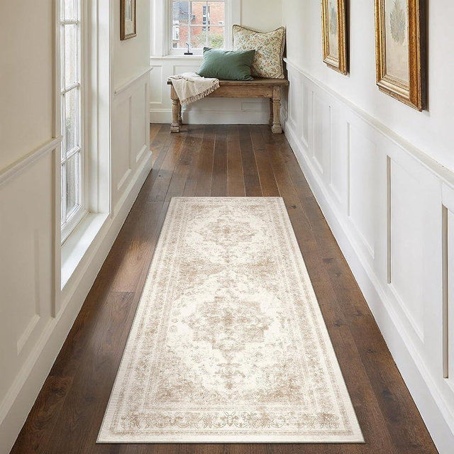 PureCozy Runner Rug 2x6 Cream Hallway Washable Beige Carpet Non Slip Vintage Medallion Beige Carpet Low Pile Soft Distressed Retro Indoor Long Rug for Entryway Kitchen Bathroom Laundry Bedroom