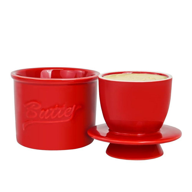 MSJGA Butter Crock for Counter with Water, French Butter Keeper for Spreadable Butter Ceramic Butter Dish with Lid for Countertop, Butter Container Holder, Home Kitchen Decor (Red, M)