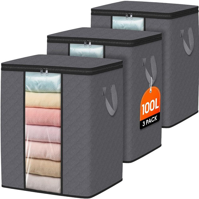 SpaceWhisper 3 Pack 100L Clothes Storage, Foldable Thick Fabric Blanket Storage Bags, Containers for Organizing Bedroom, Closet, Clothing, Comforter,Closet Organization with Handle,Grey