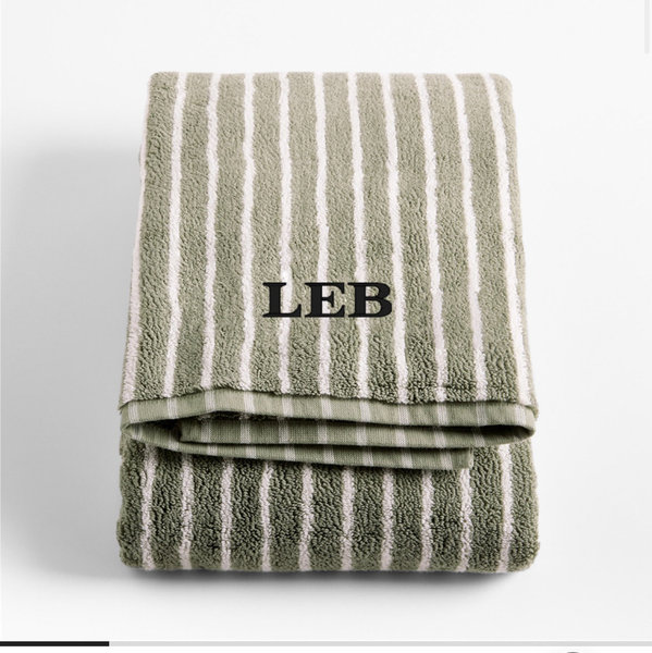 Personalized Organic Turkish Cotton Shadow Sage and Pampas Ivory Stripe Bath Towel