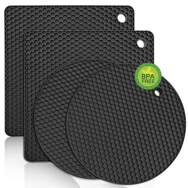 Walfos Silicone Trivet Mats - 4 Heat Resistant Pot Holders, Multipurpose Non-Slip Hot Pads for Kitchen Potholders, Hot Dishers, Jar Opener, Spoon Holder, Food Grade Silicone & BPA Free (Black)
