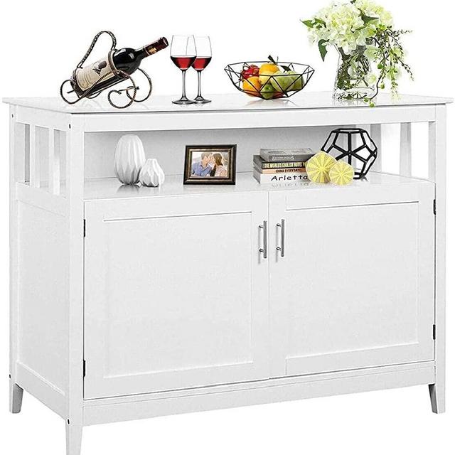 Costzon Buffet Cabinet with Storage, 45" L x 20" D x 36" H Large Wooden Kitchen Sideboard with 2-Level Shelf, Open Doors, Coffee Station Side Boards for Living Room, Home Coffee Bar, Bathroom (White)