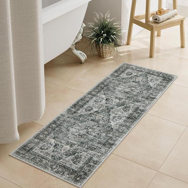 Uphome Brown Bathroom Rugs, Distressed Farmhouse Boho Bath Mat, Non Slip Washable Soft Velvet Bath Mats for Bathroom Floor, Vintage Traditonal Bathroom Runner for Bathtub Sink Shower, 18x47 inch