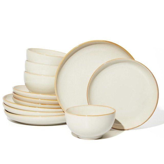 Pokini Stoneware Dinnerware Sets, Ceramic Plates and Bowls Set, Microwave & Dishwasher Safe Kitchen Dishes, Modern Dinner Salad Plates | Cereal Bowls, Dishware Sets Service for 4 Yellow White