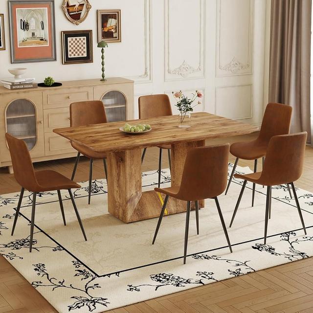 Vohuai Wood Dining Table Set for 6,63’’ Rustic Dining Table Set with 6 Upholstered Chairs,Thicked Rectangle Dining Table Top and Square Base,7-Piece Dinner Table Set for Dining Room,Livingroom,Office.