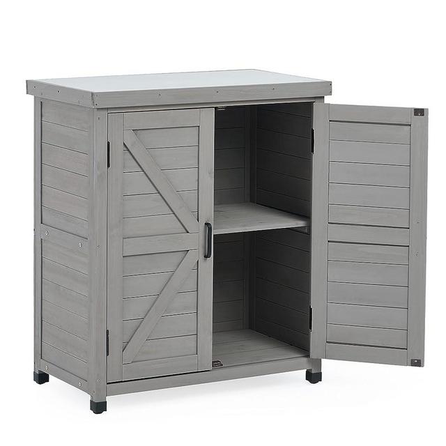 Potting Bench with Storage Cabinet and Metal Table Top for Outdoor Patio, Garden Furniture Wood Workstation
